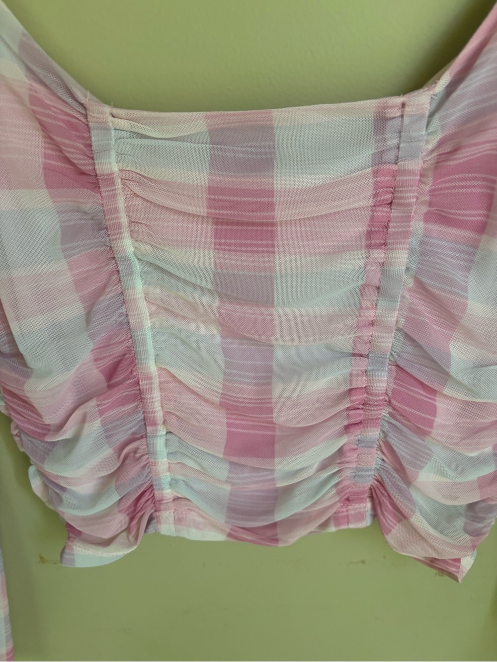 NWT BCBG Generation Mesh Gingham Top in Madras Plaid. Pastel pinks/blues. Size M - Picture 8 of 16